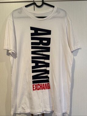 Armani Exchange White Short Sleeve Tee with Vertical Navy and Red Logo